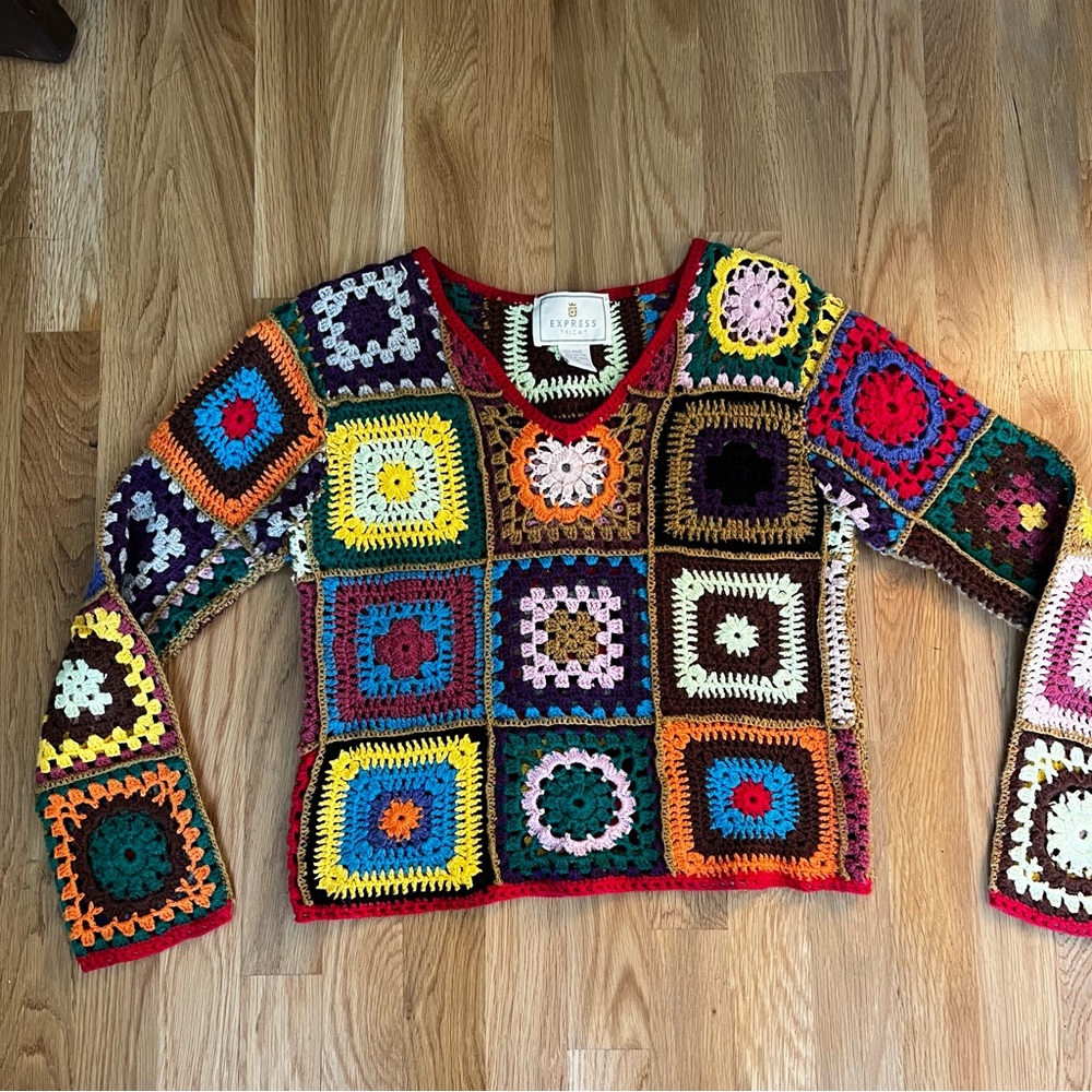 Vintage Express Tricot Granny Square Crochet Sweater Size M
